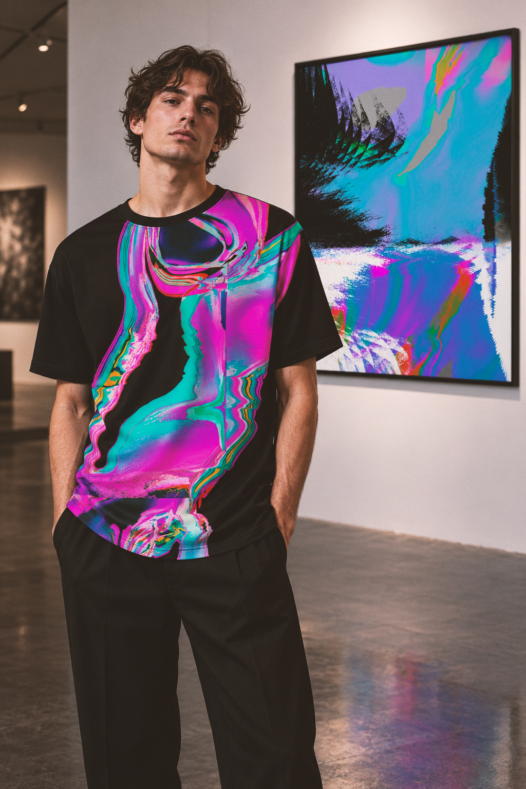 Charged Colour garments photographed in an industrial gallery setting